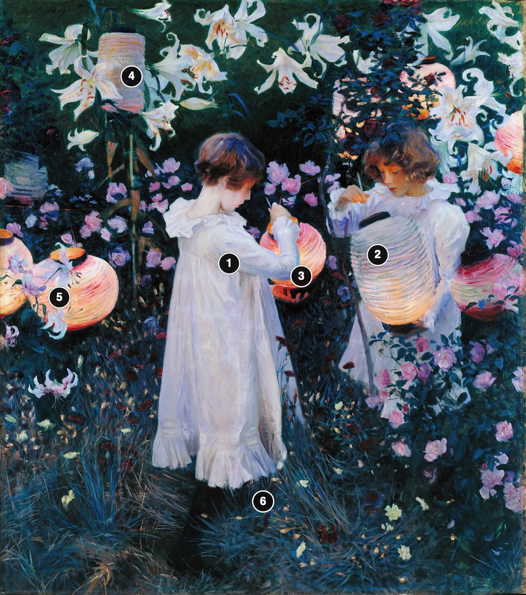 Annotated details from Carnation, Lily, Lily, Rose